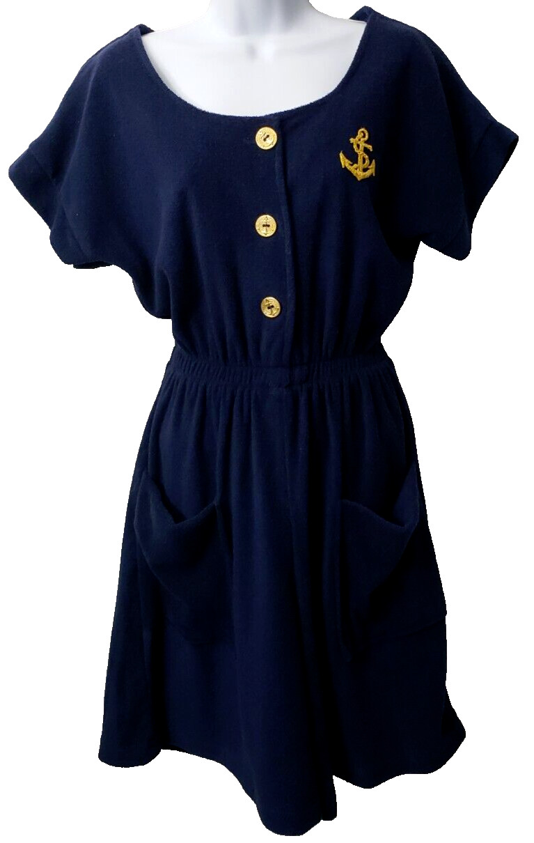VTG 80s Terry Cloth Playsuit S Romper Navy Anchor Nautical Boating Coastal Beach