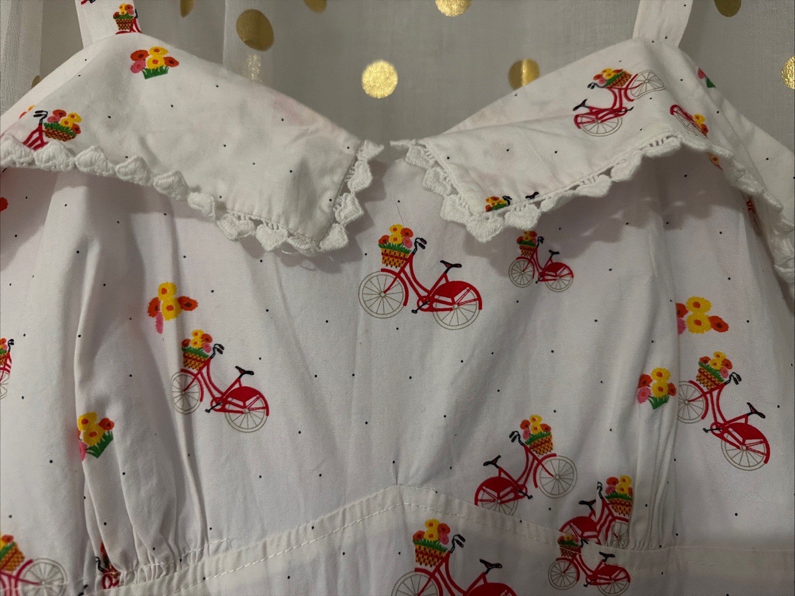 Vintage Unbranded Dress, White with Red Bicycle and Flower Pattern.