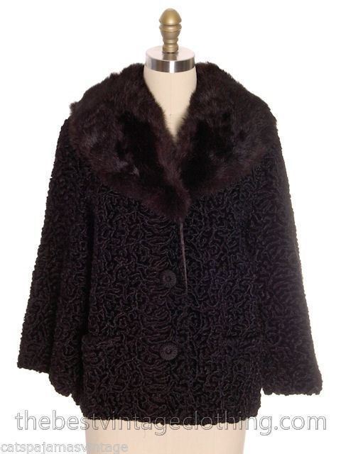 VTG 60s Faux Karakul Lamb Coat Black Rabbit Fur Collar Mob Wife Glam M