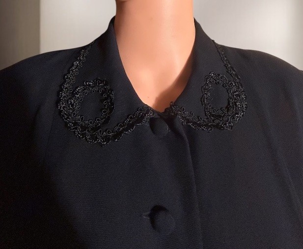 Vtg 40s Black Rayon Crepe Shirtwaist Day Dress Soutache Metal Zip Noir Pinup 30W