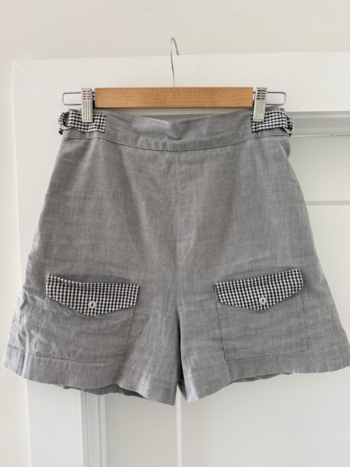 1950s Vintage Pin Up Rockabilly Shorts Grey Cotton Gingham D Ring Waist Western