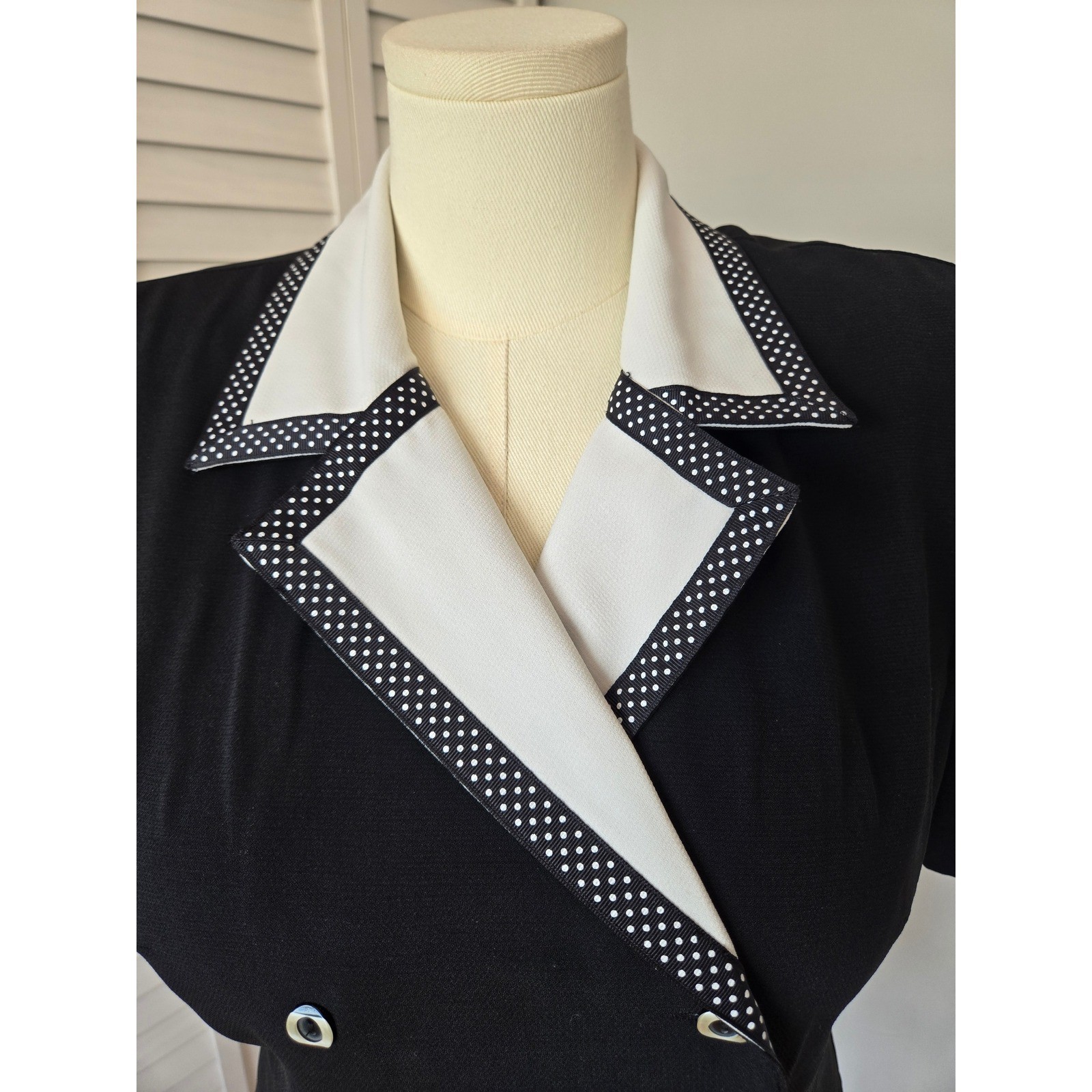Studio I Black White Polka Dot Trim Blazer Top Sz 12 80s Vtg Retro Office Siren