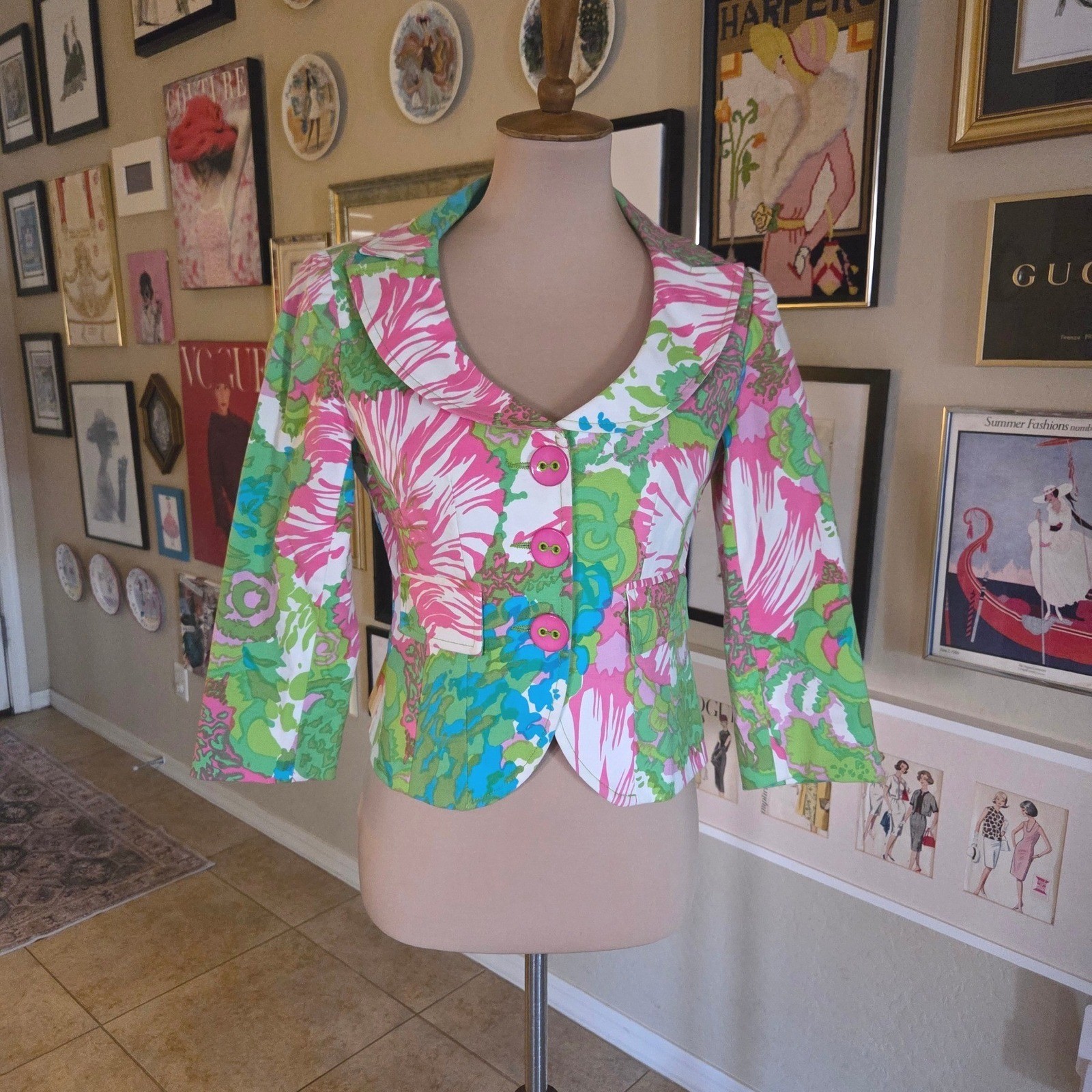 Nanette Lepore Y2K Pink Green Floral Psychedelic Blazer Jacket 4 Made in USA