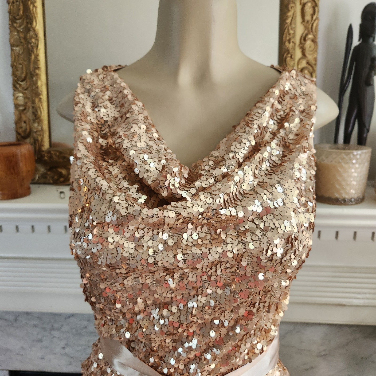 Vintage 90s Cache Gold Sequin Mini Dress Sz 4 Y2K Party Cowl Stretch Party Glam