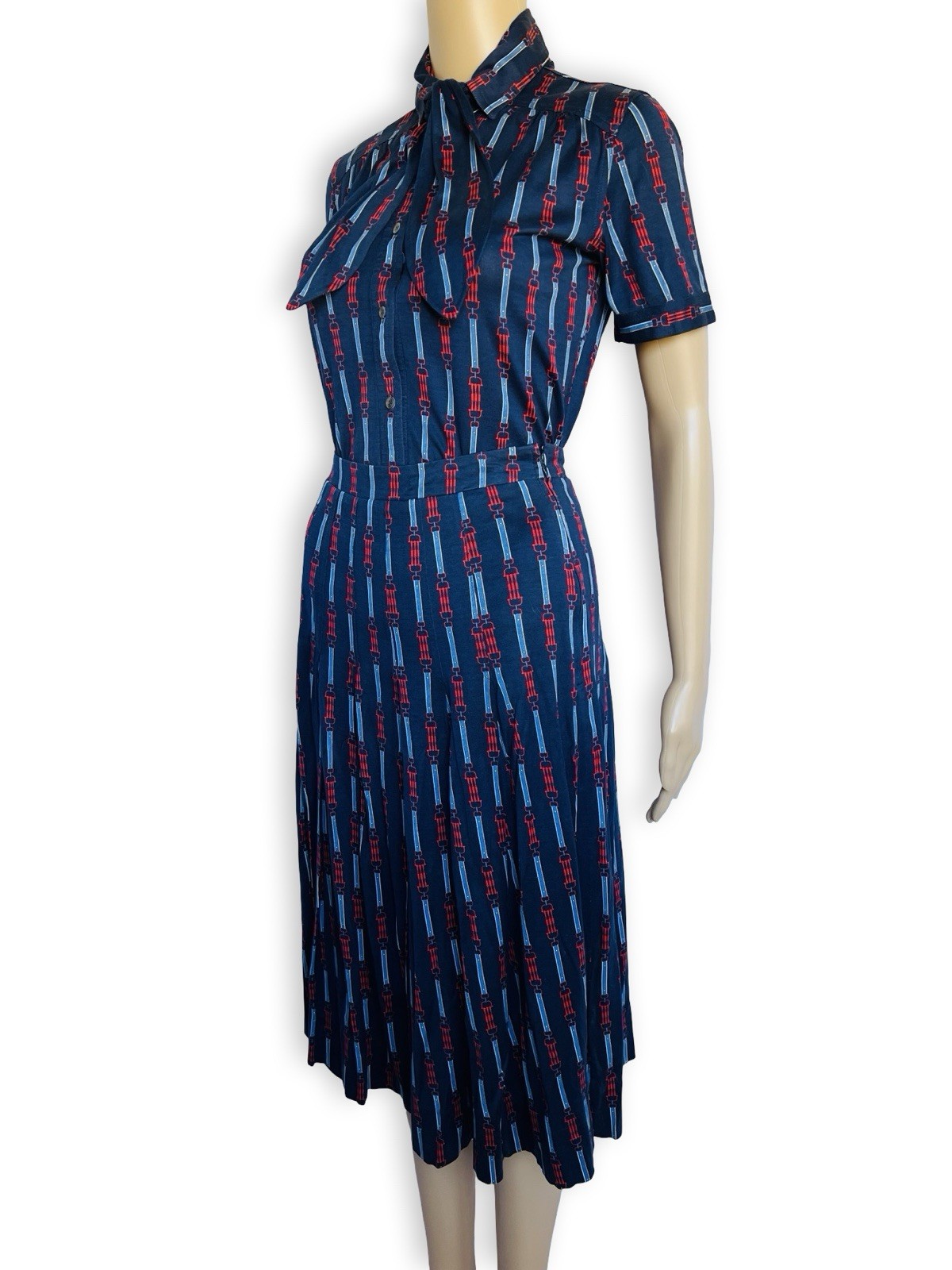 Vintage CÉLINE 1970s Equestrian Print Cotton Dress Two Piece Blouse Skirt Set XS