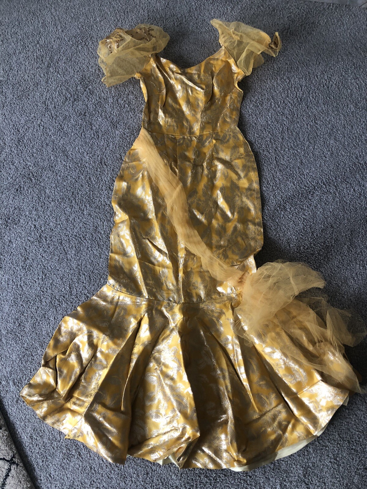 Vtg 40s-50s ? Paquitas Formal dress Satin Mesh Sequin Metallic Gold Small? A6