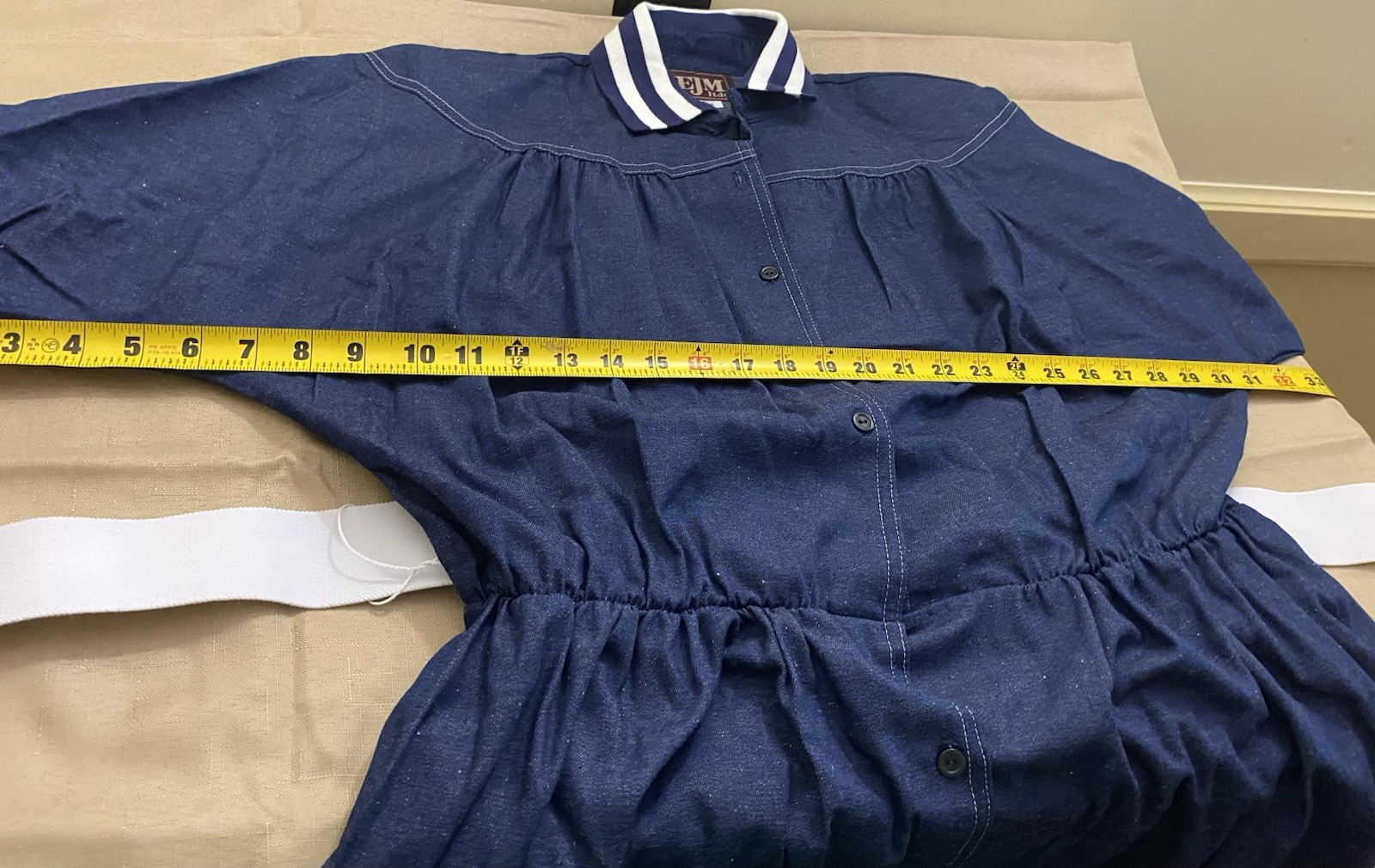 Vintage 1980s EJM Denim Jean Dress Belted Striped Collar NOS! USA 18 XL