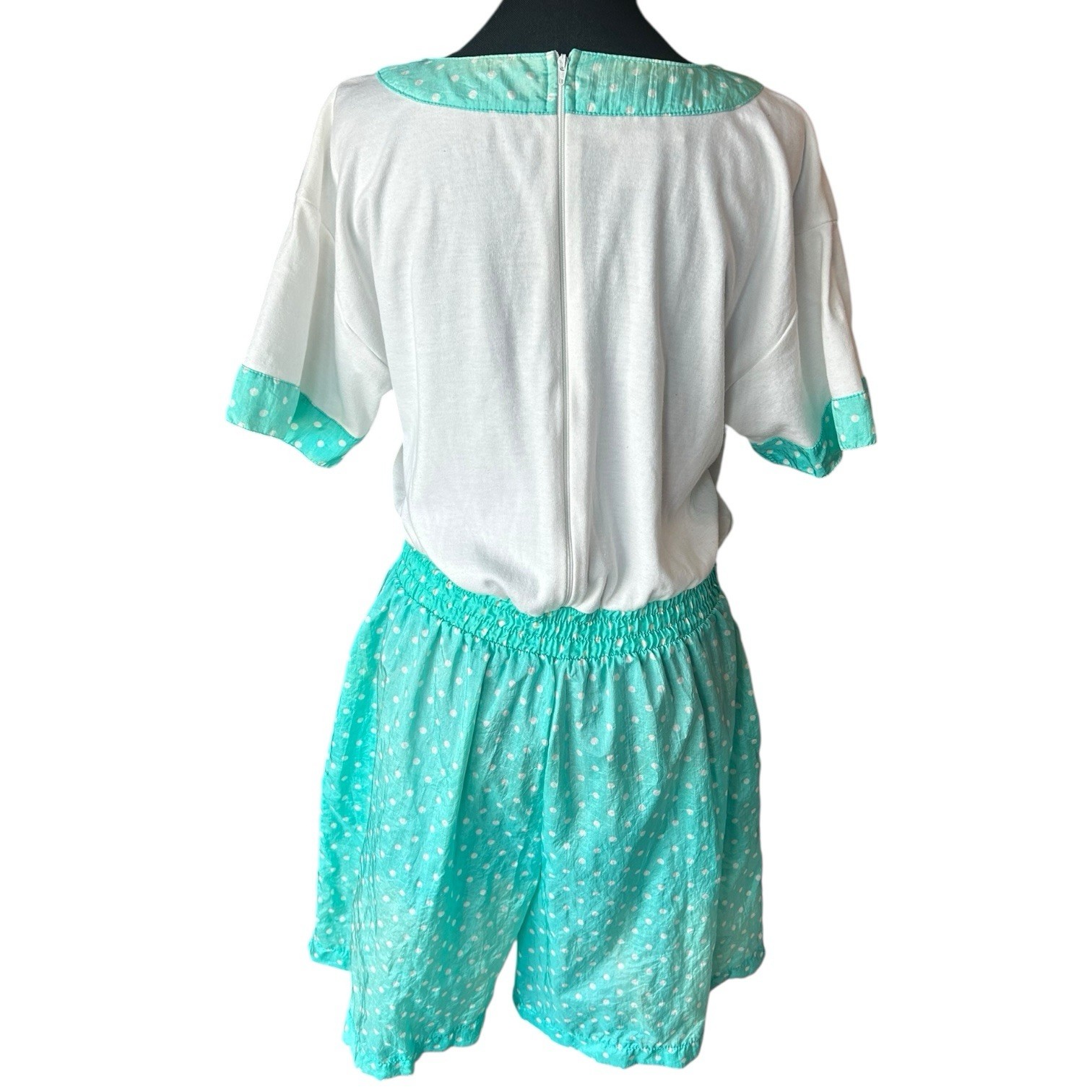 Vintage 80s Adolfo Sport Polka Dot Romper & Windbreaker Set Size L Teal