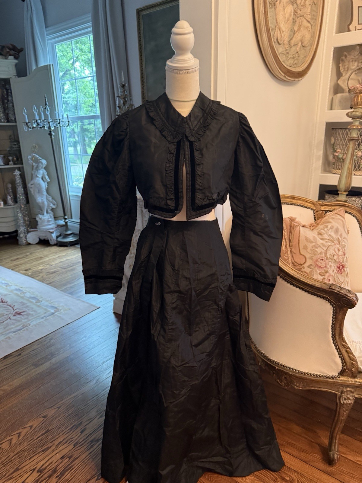 Antique Victorian Edwardian Skirt Dress Shirt Black Mourning Clothing Women Vtg