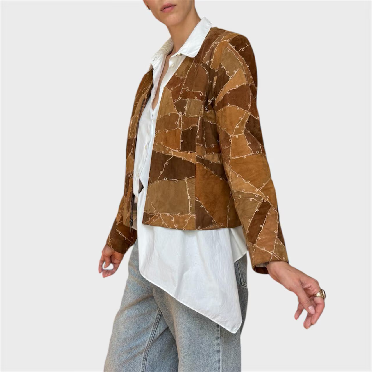 Vintage Brown Suede Patchwork Jacket | Embroidered Zip-Up Size US 8/ EU40