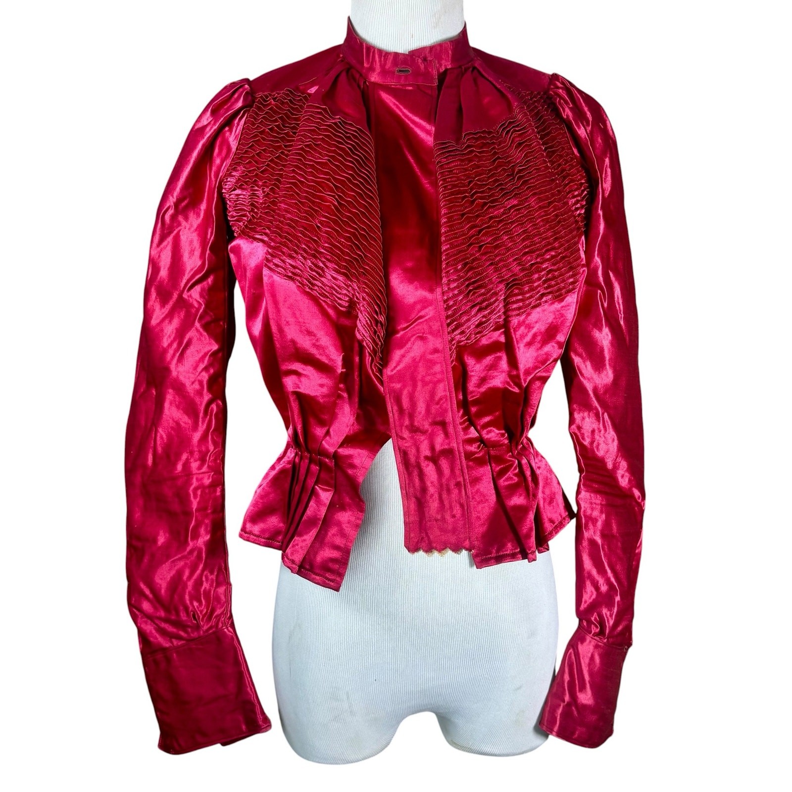 Antique 1900s Edwardian Bright Red Silk Stitch Pleated Bodice Blouse Jacket