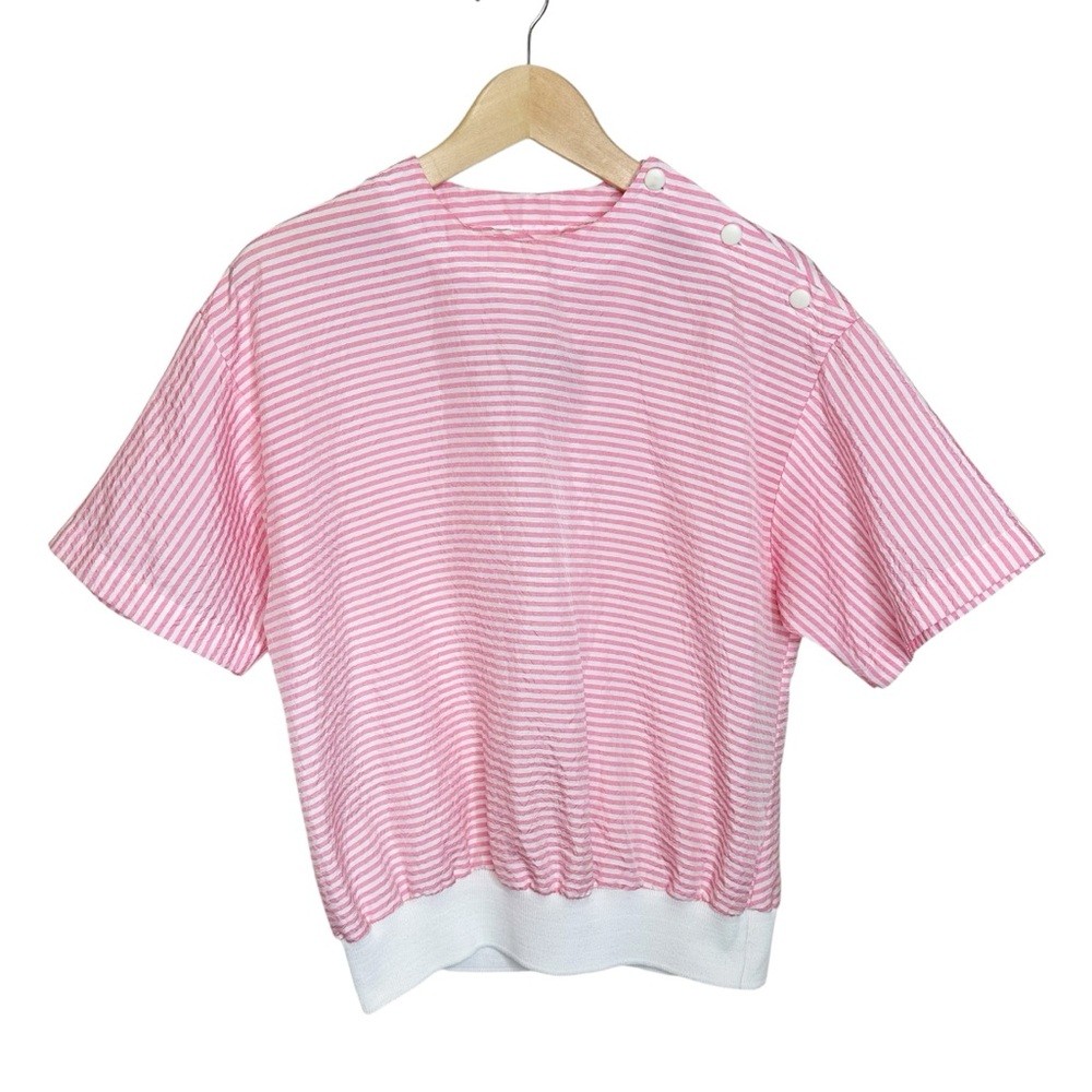 Vintage 80s 90s Bubblegum Pink Striped Button Shoulder Oversized Top Size 12