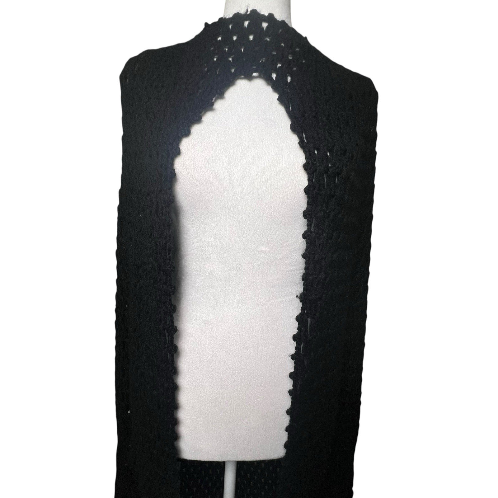 VTG Sweater Bee by BANFF Black Wool Open Knit Fringed Hooded Cape Layering Fairy