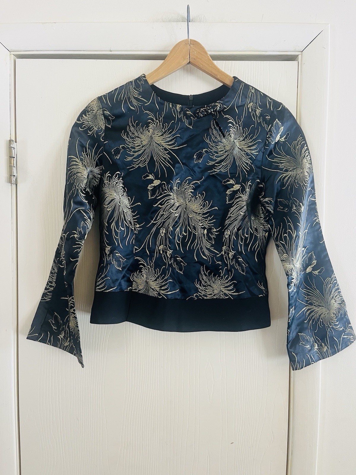 VTG Satin Brocade Asian Silk Crepe 40s Style Zip Back Party Cocktail Blouse S
