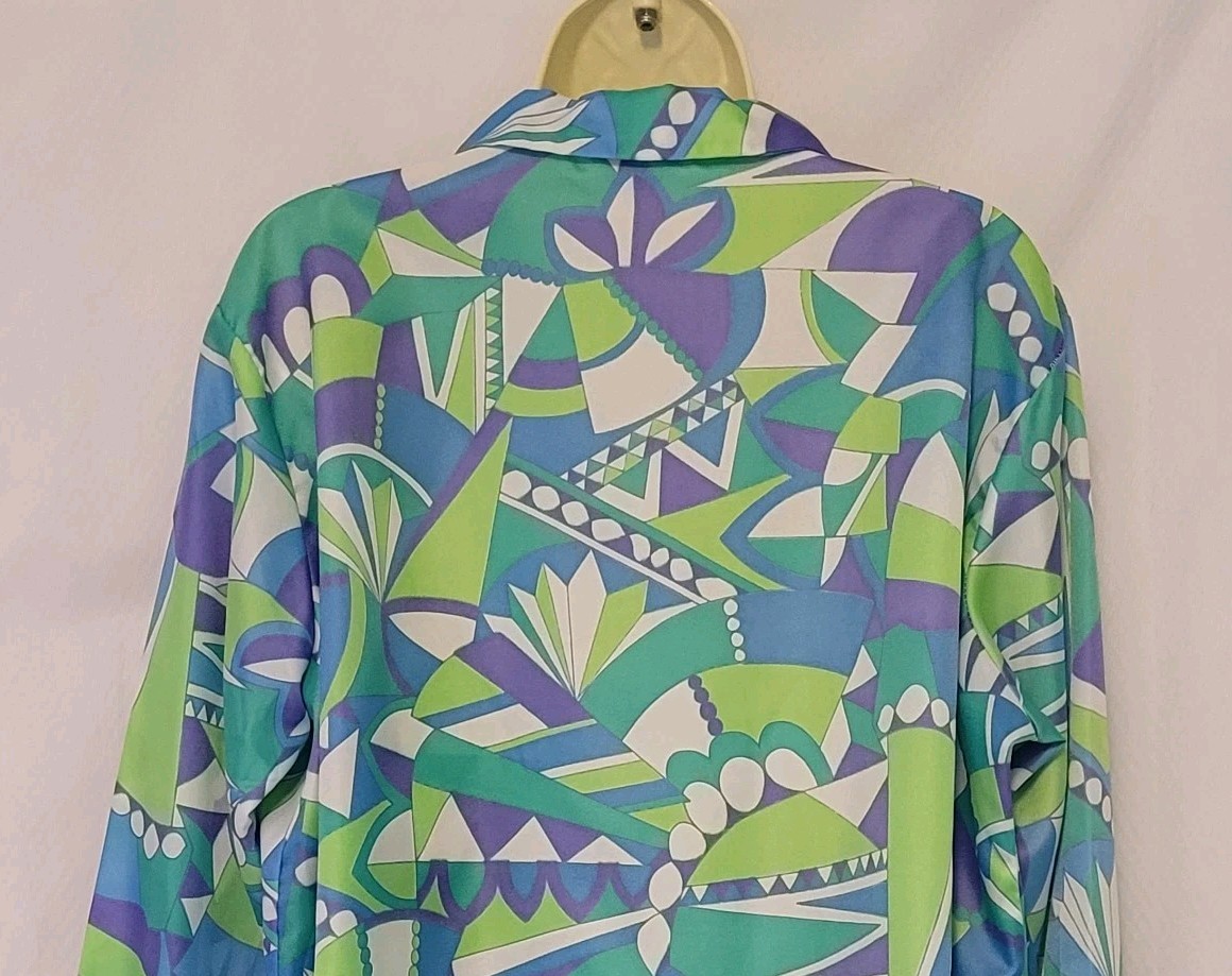 VTG 70s Wmn’s Blue Purple Green Geometric Mod Retro Satin Button Up Blouse Sz 18