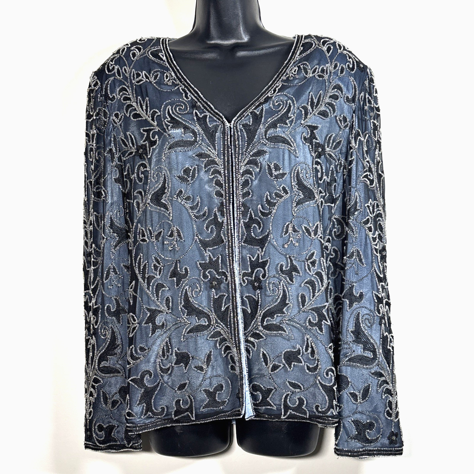 Adrianna Papell Jacket XL Beaded silk Navy blue Cocktail Formal embroidered