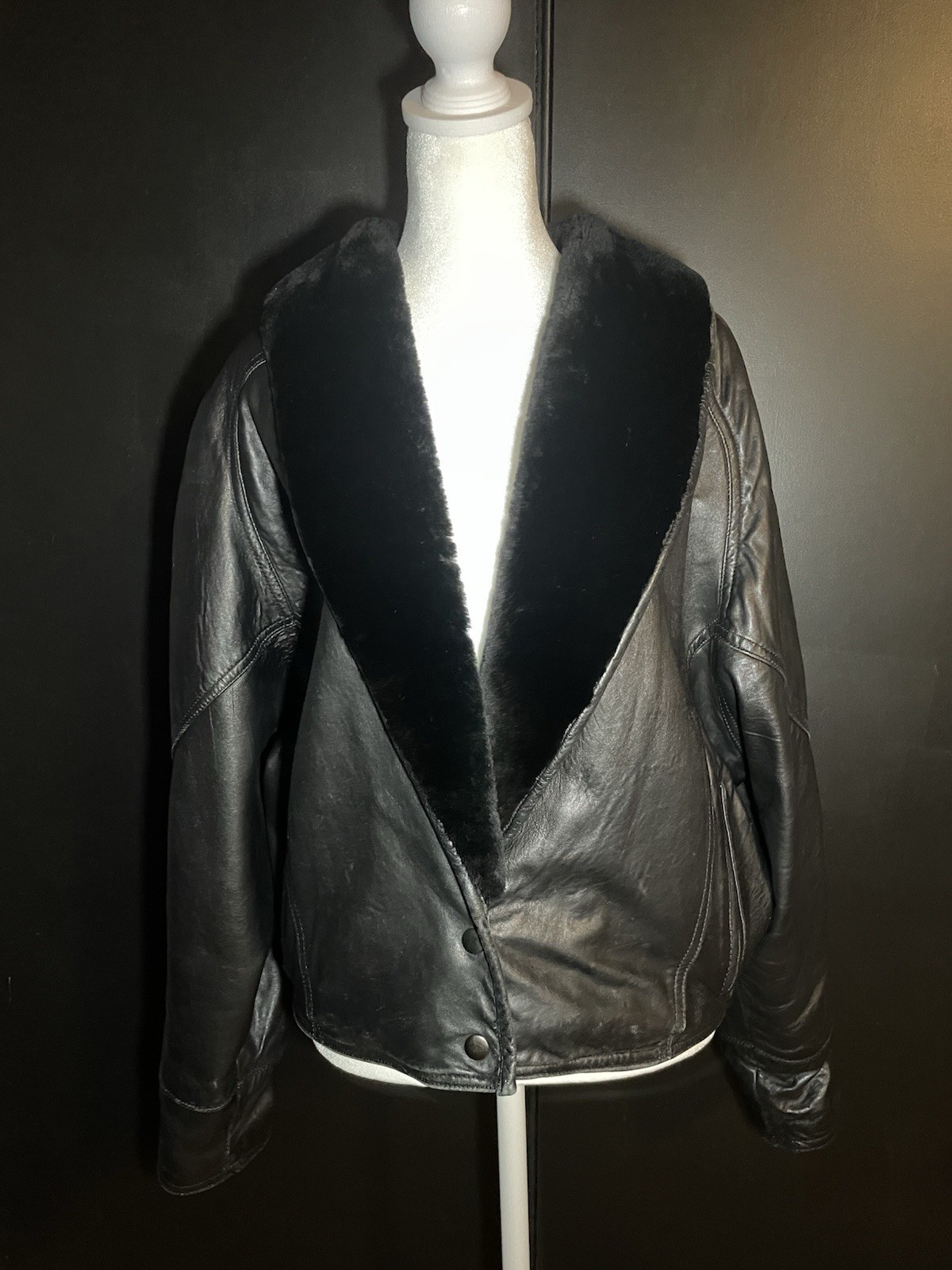 Vtg John Carlisle San Francisco Black Leather Jacket Shearling Collar 80s 90s M.