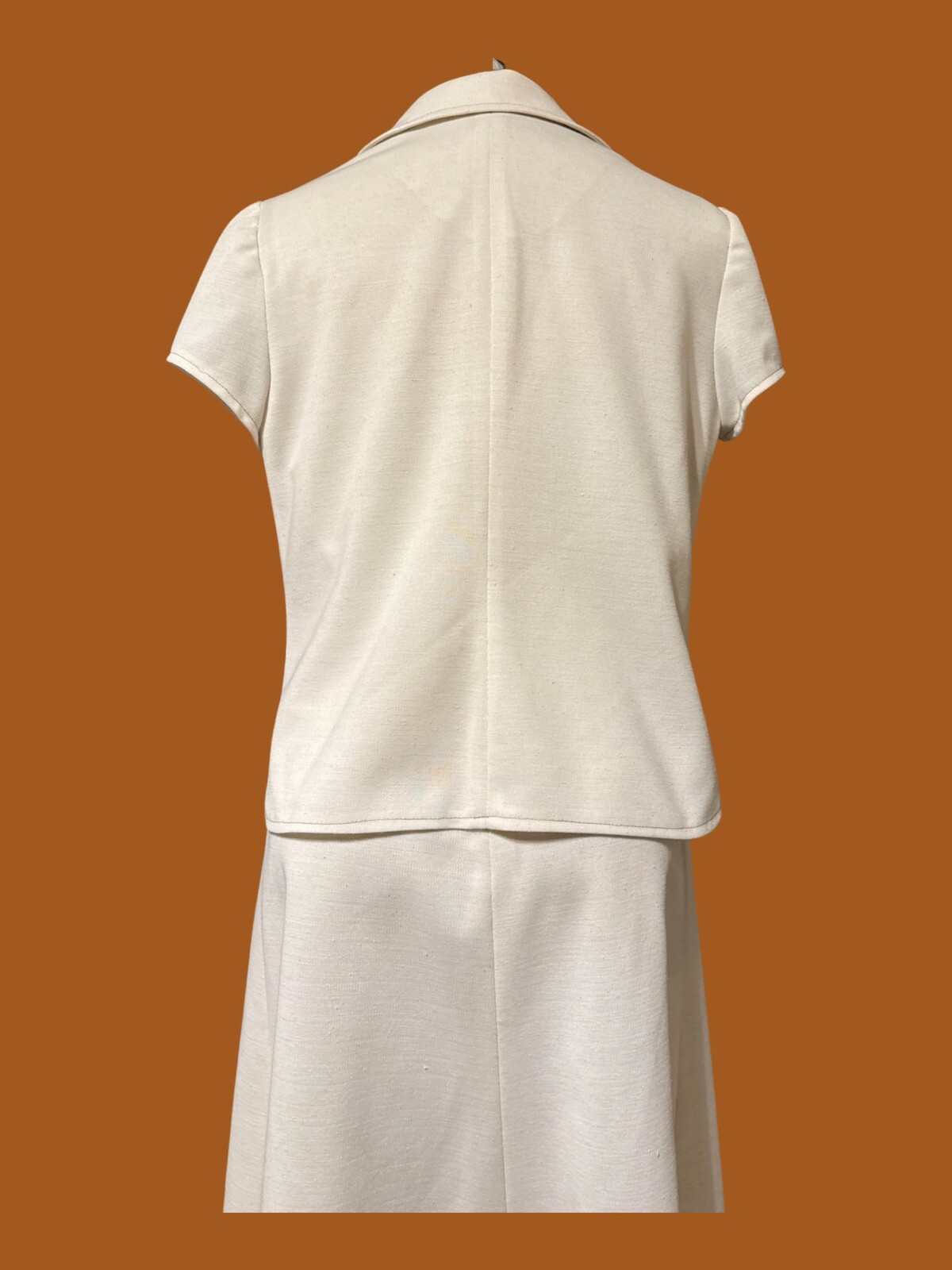 Vintage 70’s Knit Womens Dress Suit Set Brown Stitched Point Collar Haggar S/M