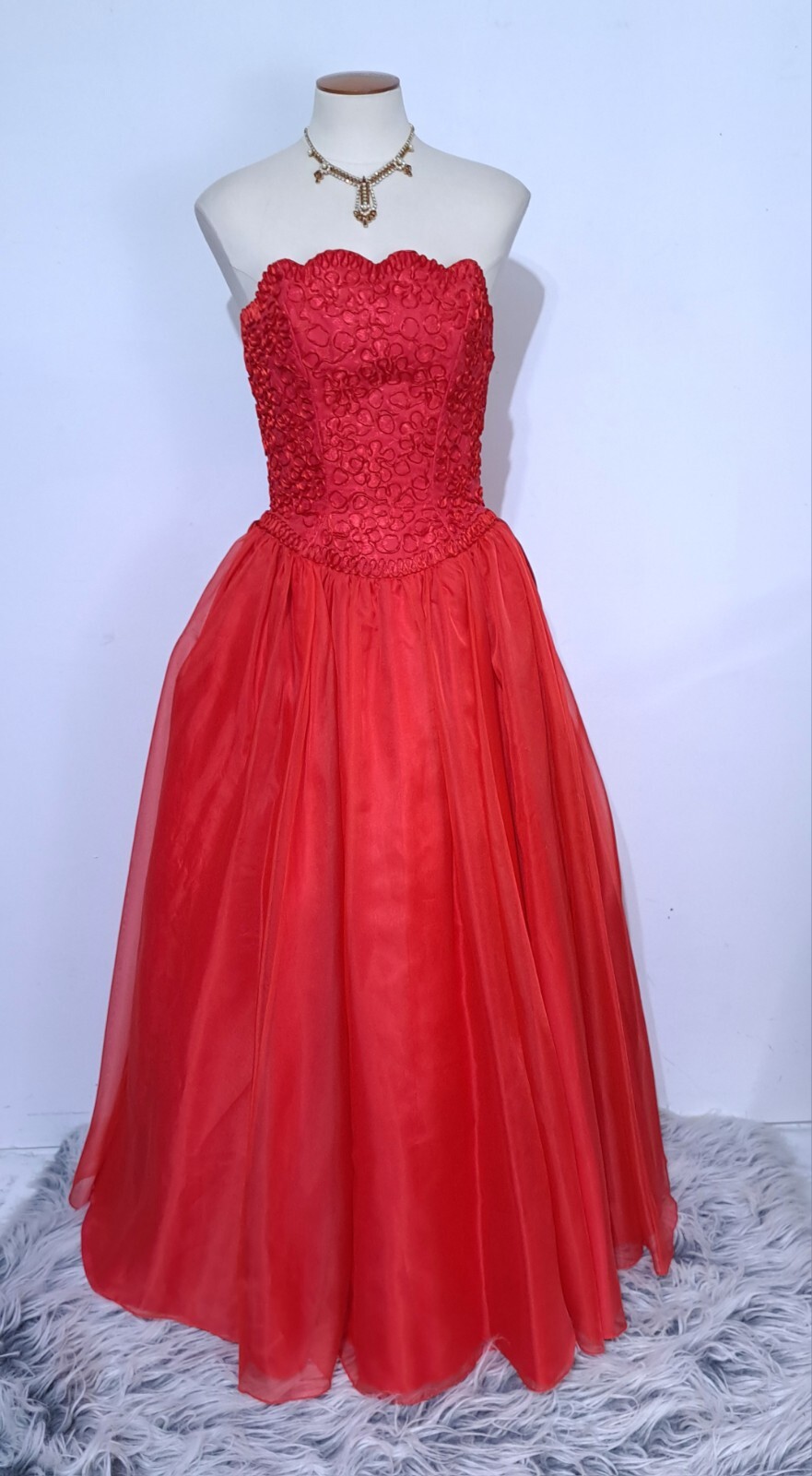 Vintage Red Strapless Party Dress Gown Huge Skirt Rosettes Draped Sz S Soutache