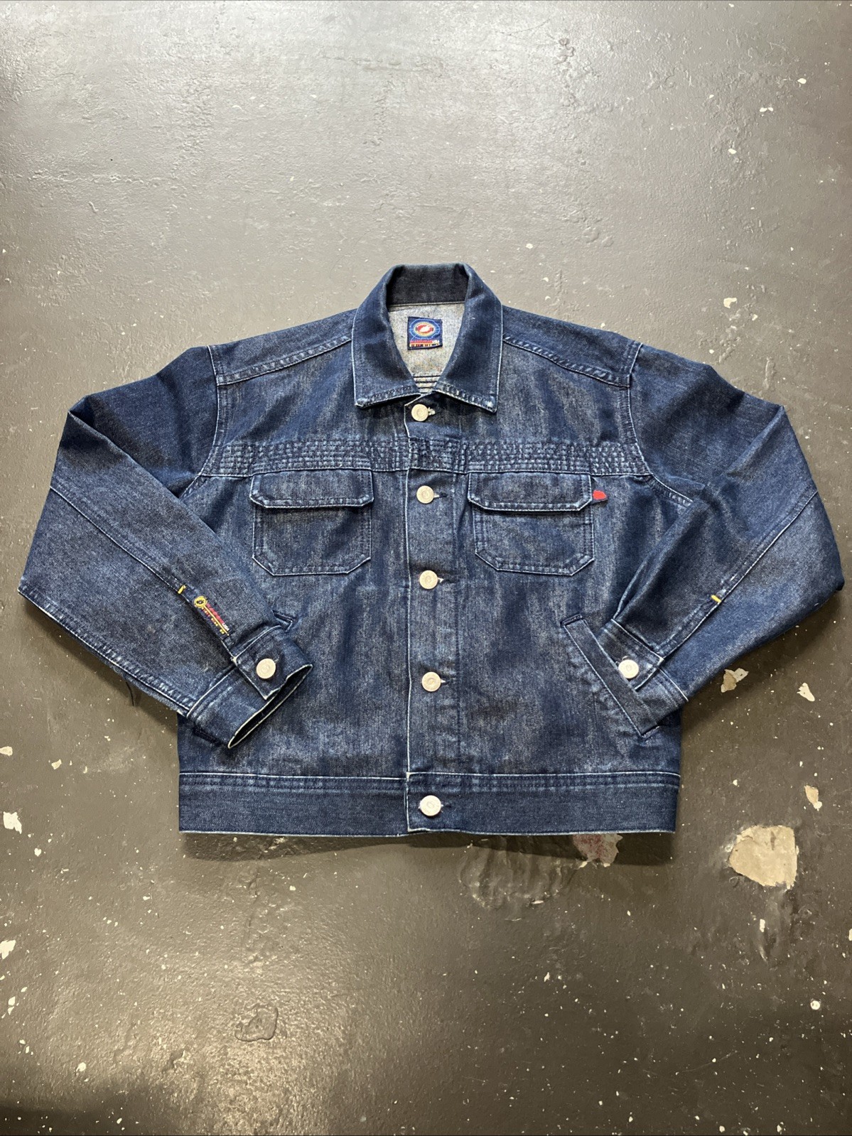 Vintage 90s Y2K Jnco Flamehead USA Dark Wash Cropped Denim Jean Jacket Women’s L