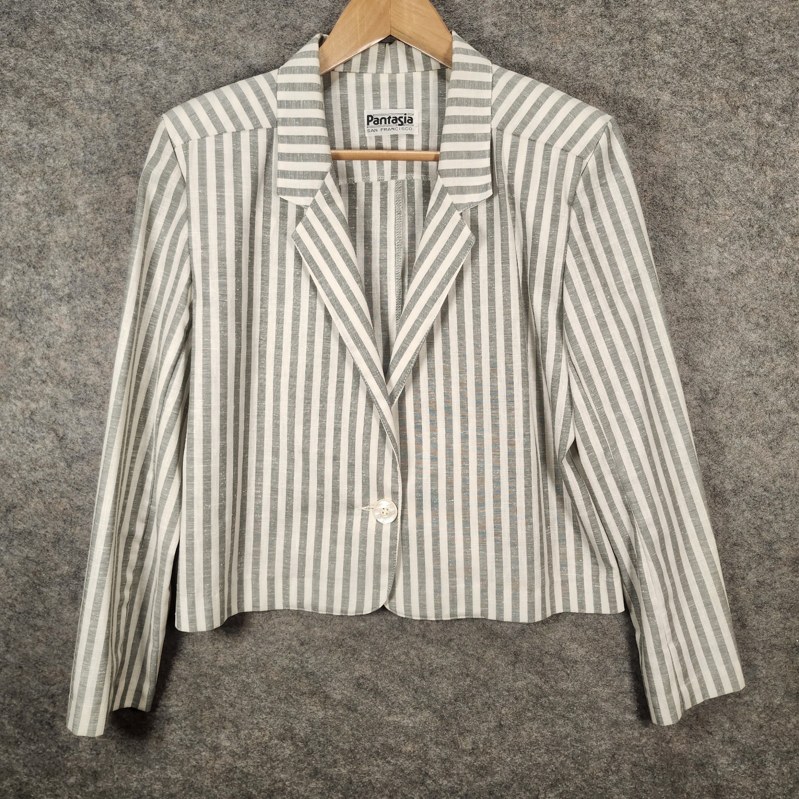 Vintage Pantasia San Francisco Linen Skirt Suit Gray White Striped 80s Pockets