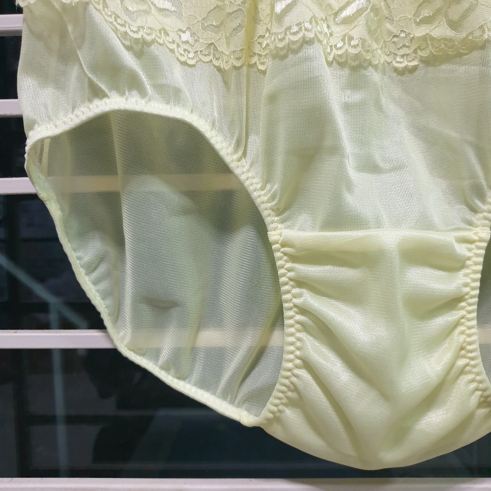 Vintage Sheer Nylon Panty Sissy Yellow Floral Lace Granny Brief Sz. 8 Hip 39-43″