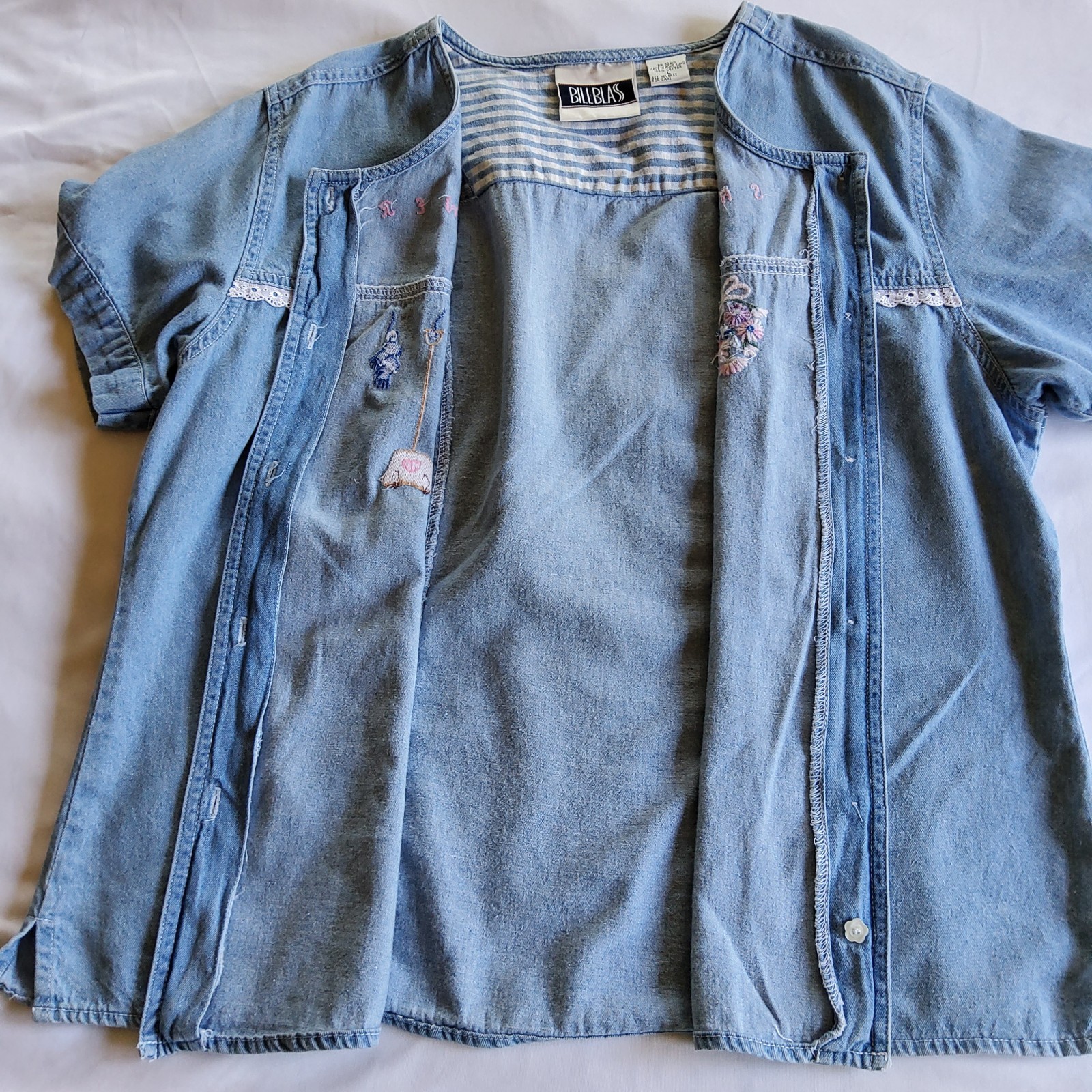VTG 90s Bill Blass Large Denim Shirt Embroidered Plants Lace Grandmacore