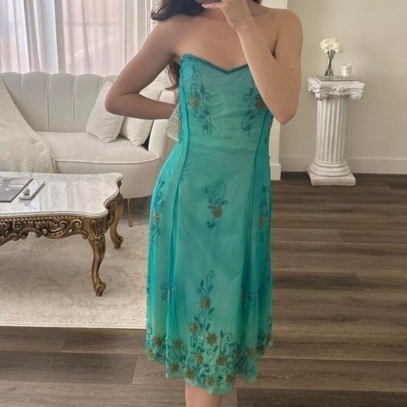 NWT VINTAGE Adrianna Papell Evening Silk Strapless Teal Mermaid Beaded Dress