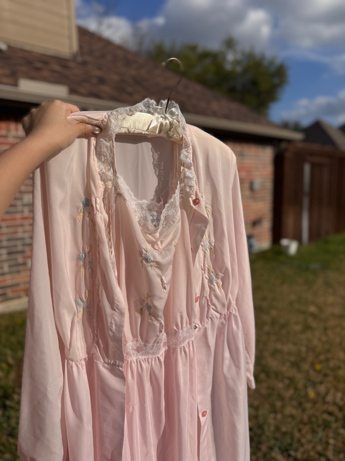 Vintage 70s 80s Corhan Noumair Pink Peignoir Set Embroidered Lace ILGWU USA S