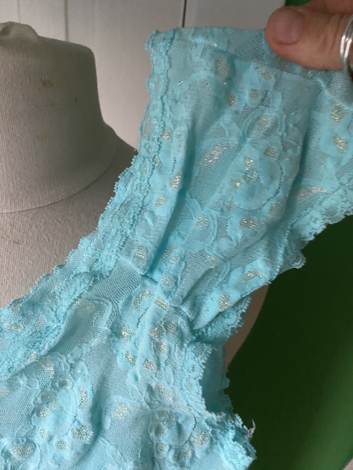 Vintage 80s Lady Cameo Dallas Blue Nylon Golden Lace Jumpsuit Lingere