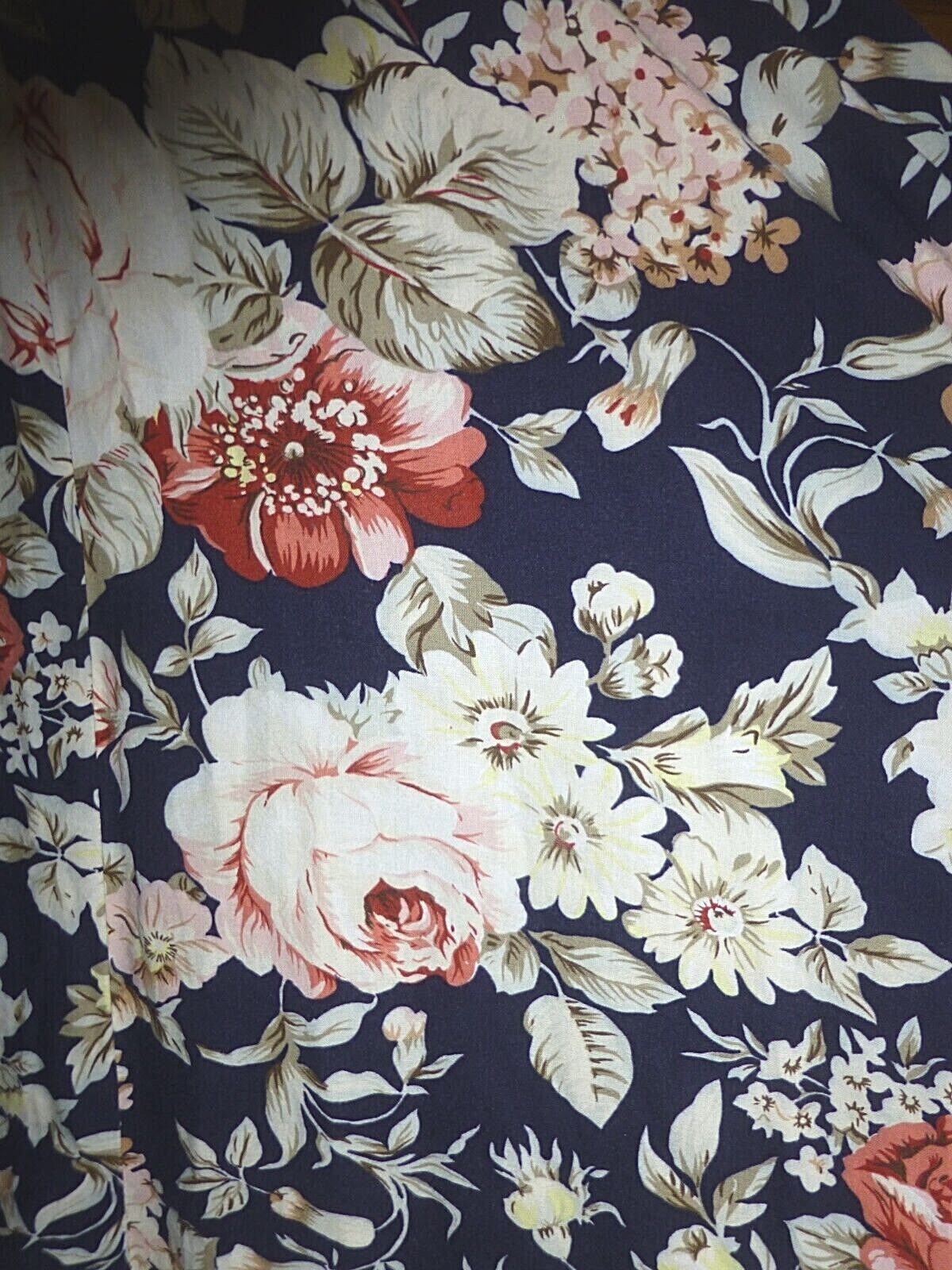 VTG 80s Floral Garden Print Cotton Boho Country Batwing Slv Midi belted DRESS M