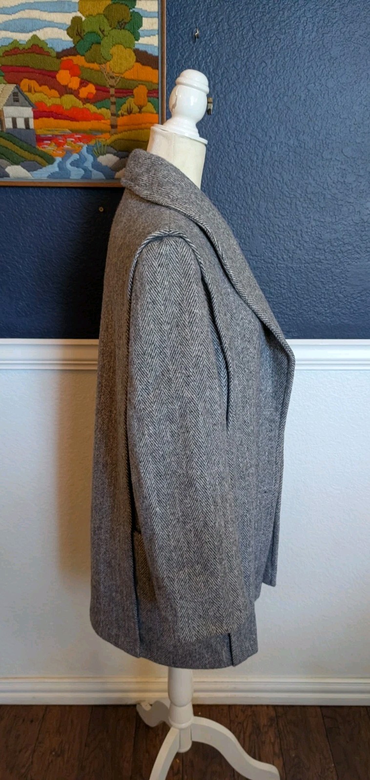 VTG Herman Kay Gray Black Tweed Herringbone Wool Pea Coat Overcoat Sz Large L