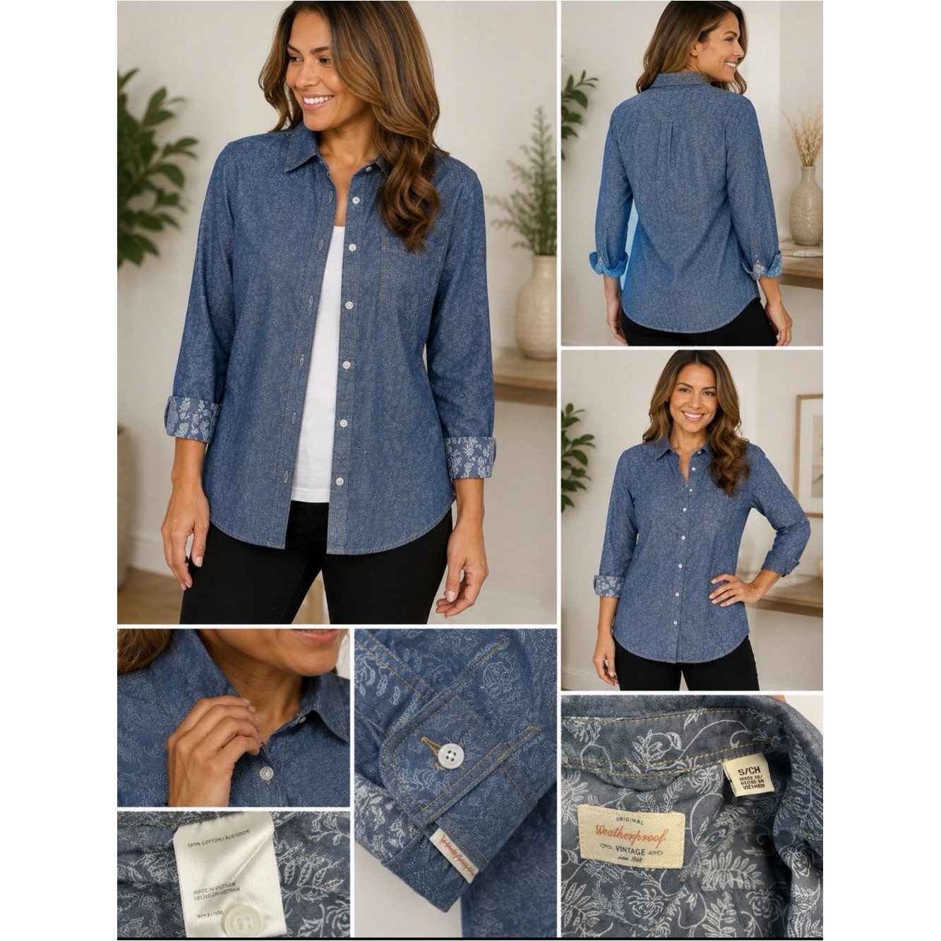 Weatherproof Vintage Floral Chambray Button Down Shirt Small 100% Cotton