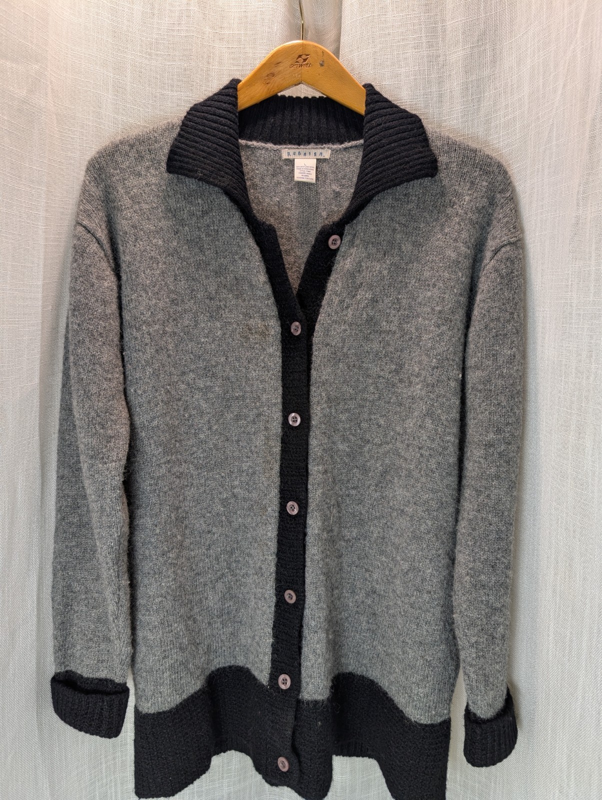 Vintage Rubbish 100% Shetland Wool Women’s Cardigan L Gray/Black Button Down