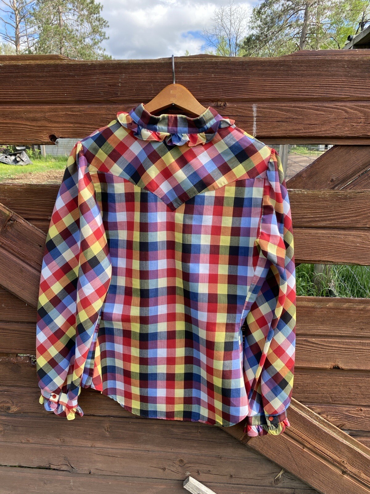 Vintage Panhandle Slim blouse Women’s Western Plaid Ruffle Red Yellow gingham