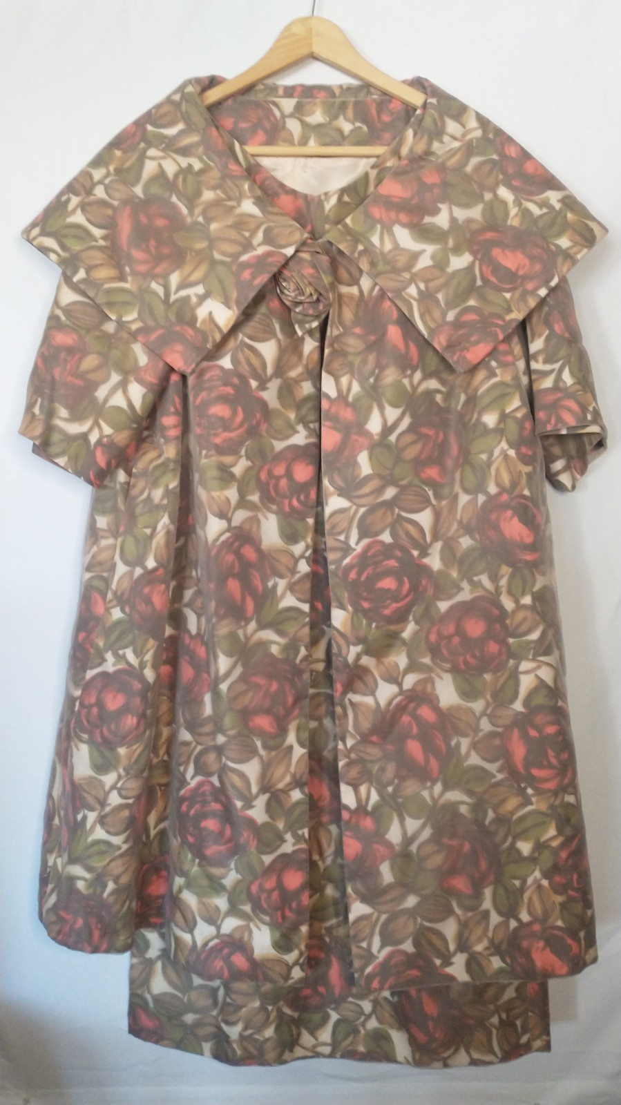 1960s Floral Print Dress & Coat Set Union Made Brown Red Green Beige Size 11