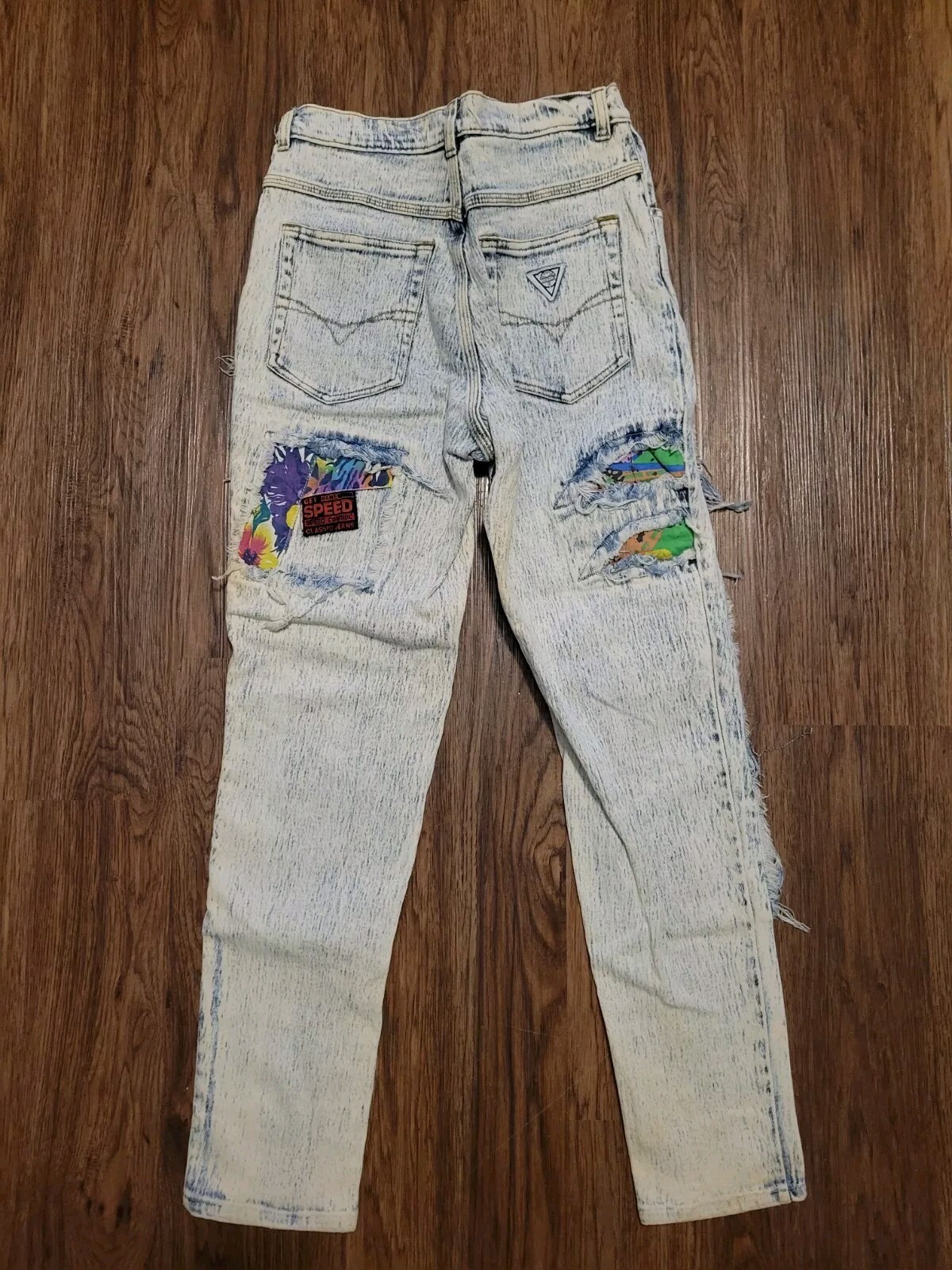 Vintage 90s Acid Stonewashed Jeans Speed Denim Sz 11/12 Frayed Patch Stretch 80s