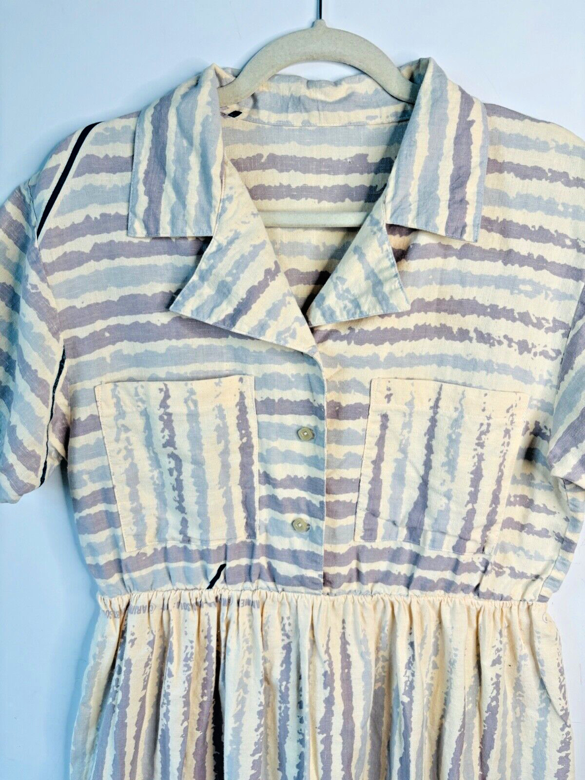 VTG 50’S UNIQUE!!HANDMADE OFF WHITE&BLUE PURPLE STRIPED PLEATED BUTTON DRESS*M
