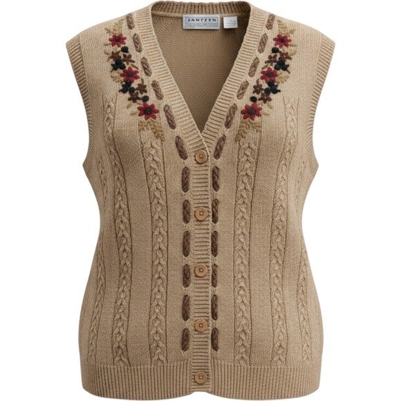 Jantzen Classic Tan Cable Knit Floral Embroidered Sweater Vest Large Cottagecore