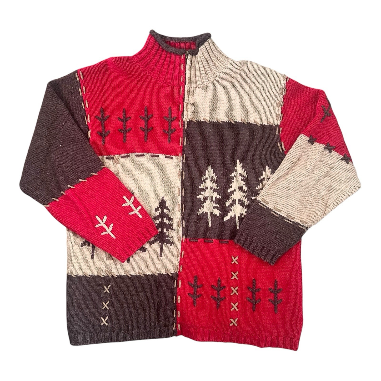 Vintage Mandal Bay Patchwork Sweater Trees Zip Up Ramie Wool Blend XL Grannycore