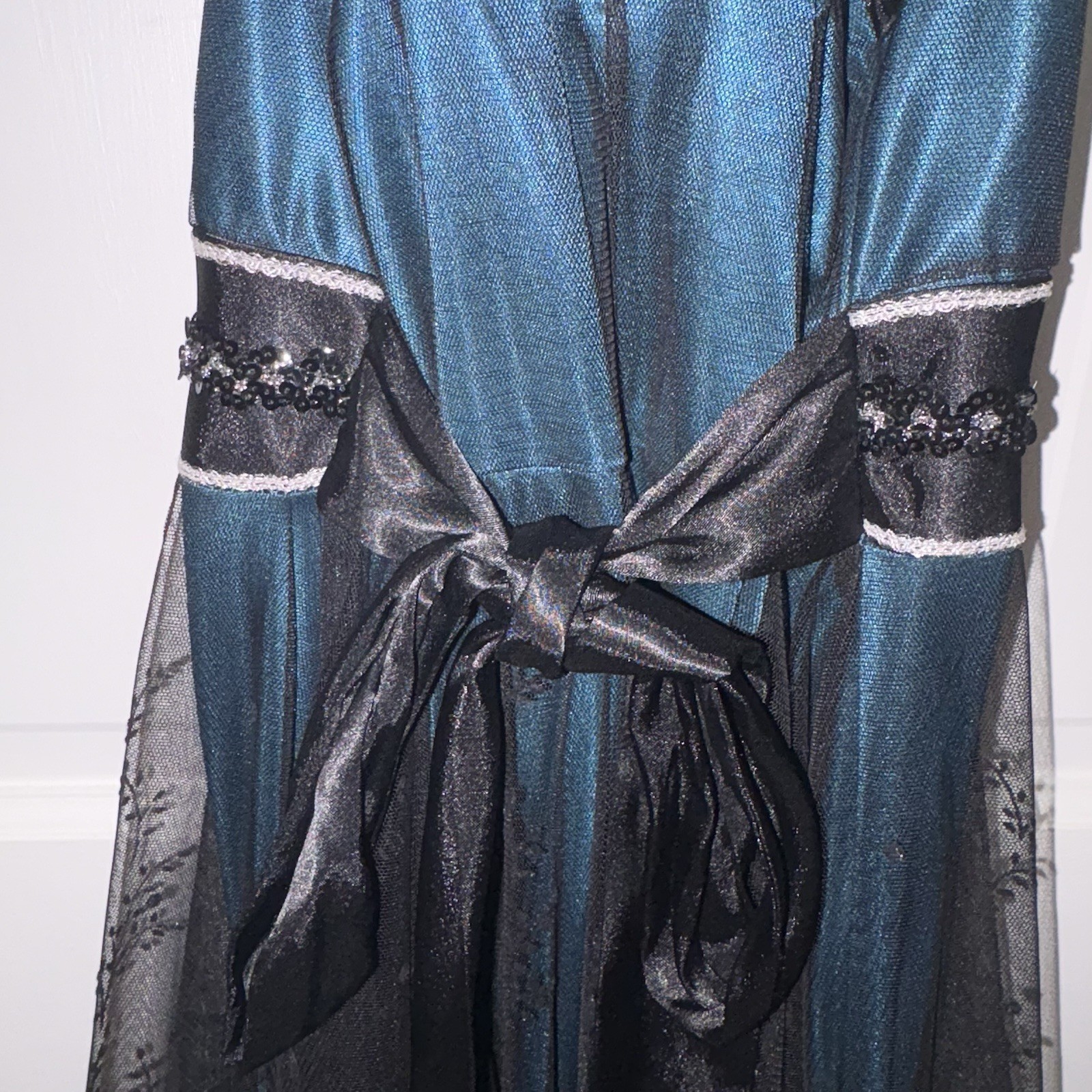 Teeze Me Juniors Halter Party Dress – Teal Blue with Black Overlay, Size Small