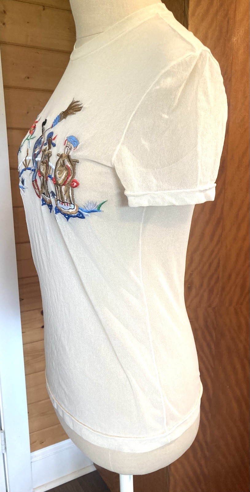 Vintage 1990s Vivienne Tam mesh top embroidered Asian figures, flowers