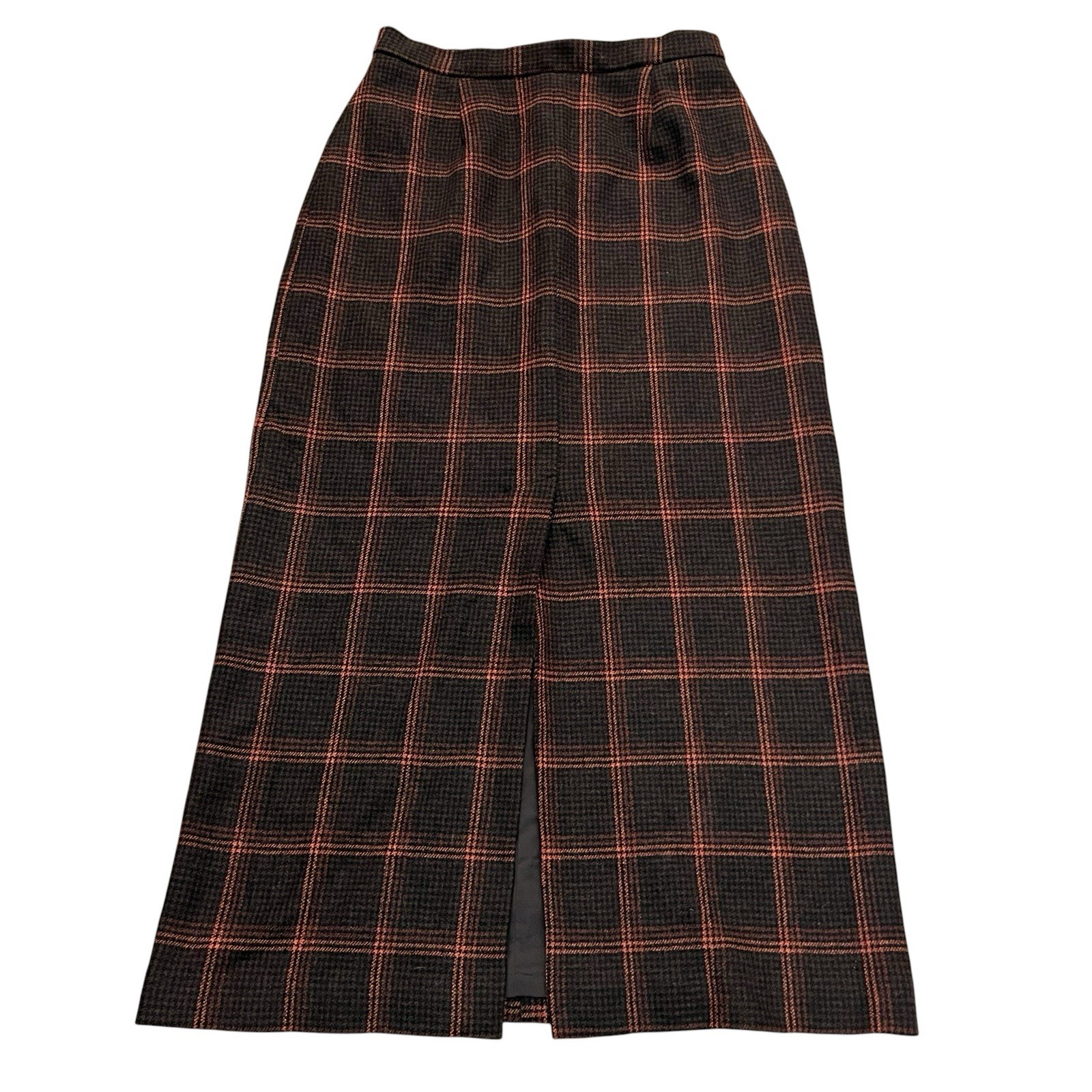 90s VTG Wool Plaid Maxi Skirt 10/12 Straight Brown Multi Fall Winter Academia