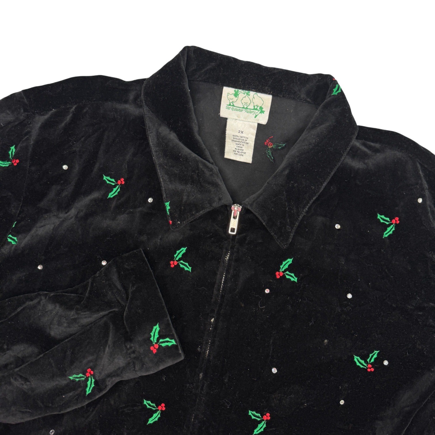 Vintage Quacker Factory Jacket Womens 2X Holly Berry Velour Rhinestone 90s
