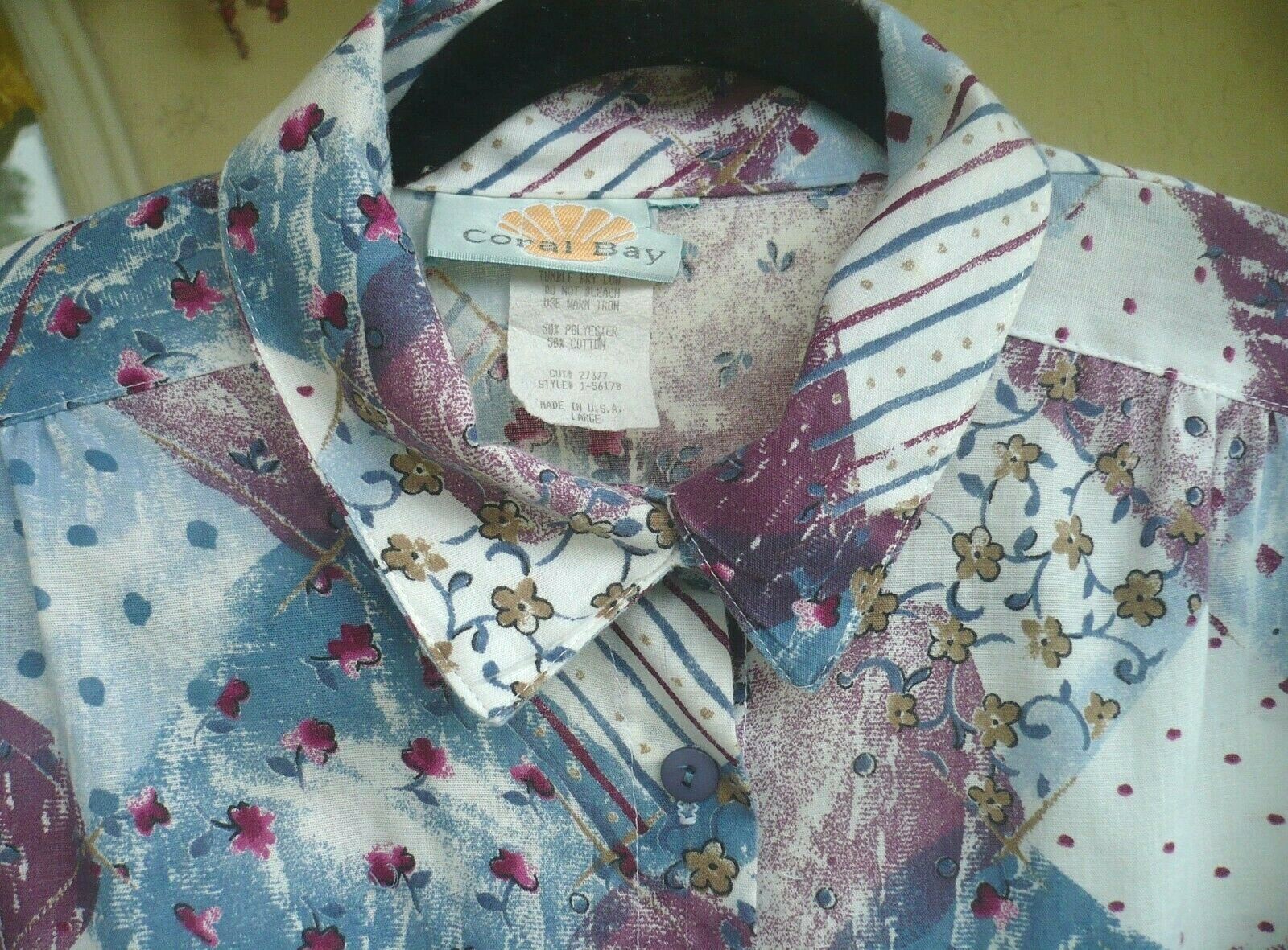 VTG CORAL BAY 80 90S BUTTON UP COTTON FLORAL PATCHWORK PRINT XL L TAB SHIRT LADY