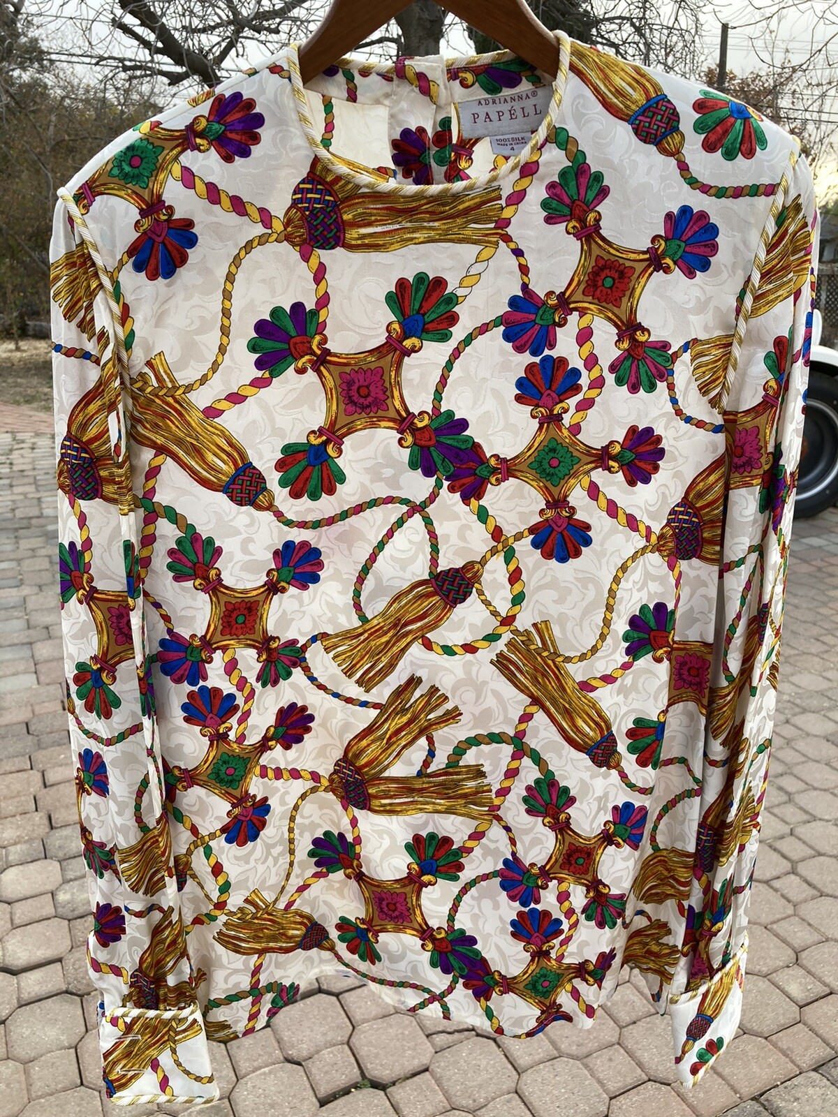 Vintage Adriana Papel Brand Women’s Long Sleeve Figured Silk Blouse Size 4