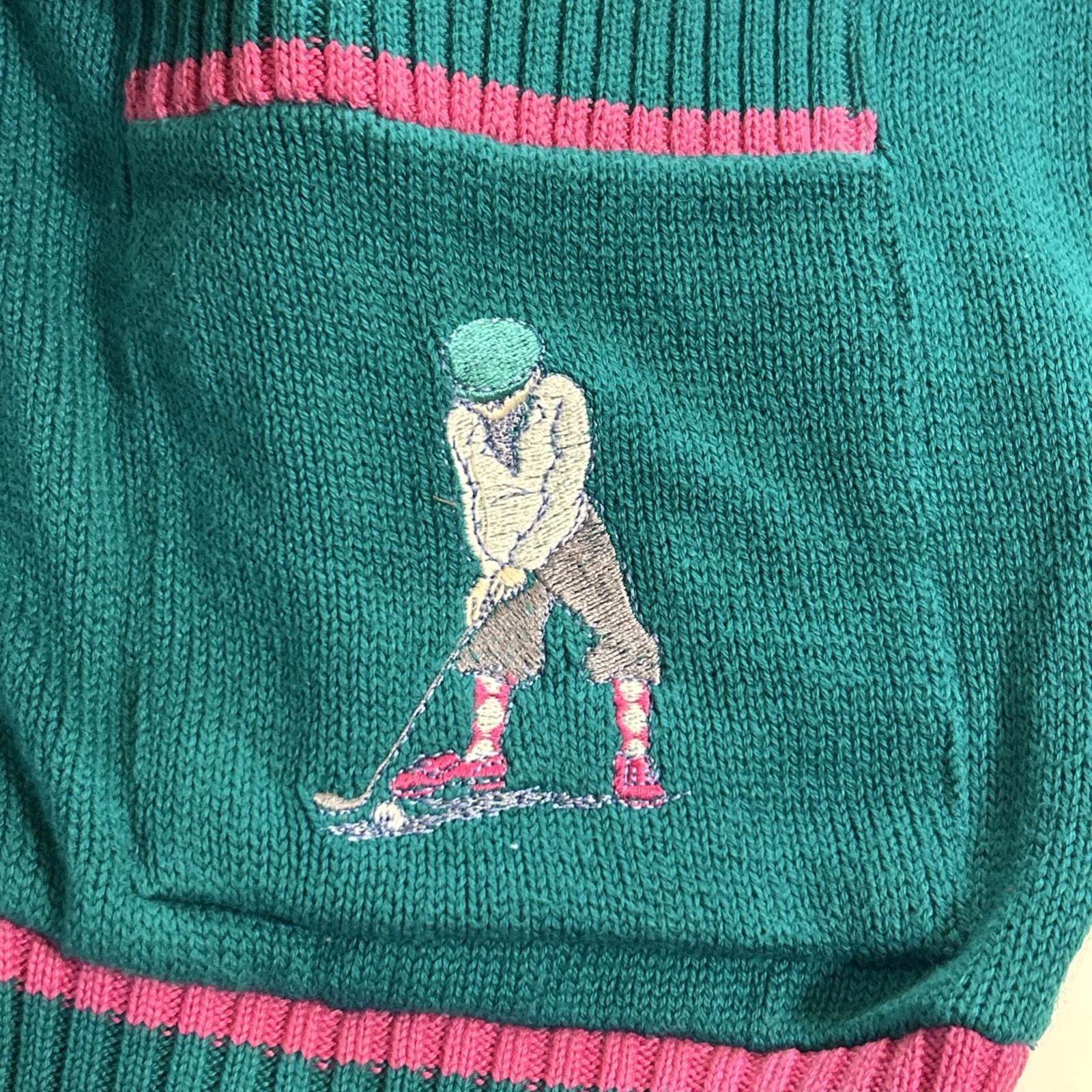 Pringle Scotland Sweater Sz M Teal Pure Cotton VNeck Embroidered Golf Vintage