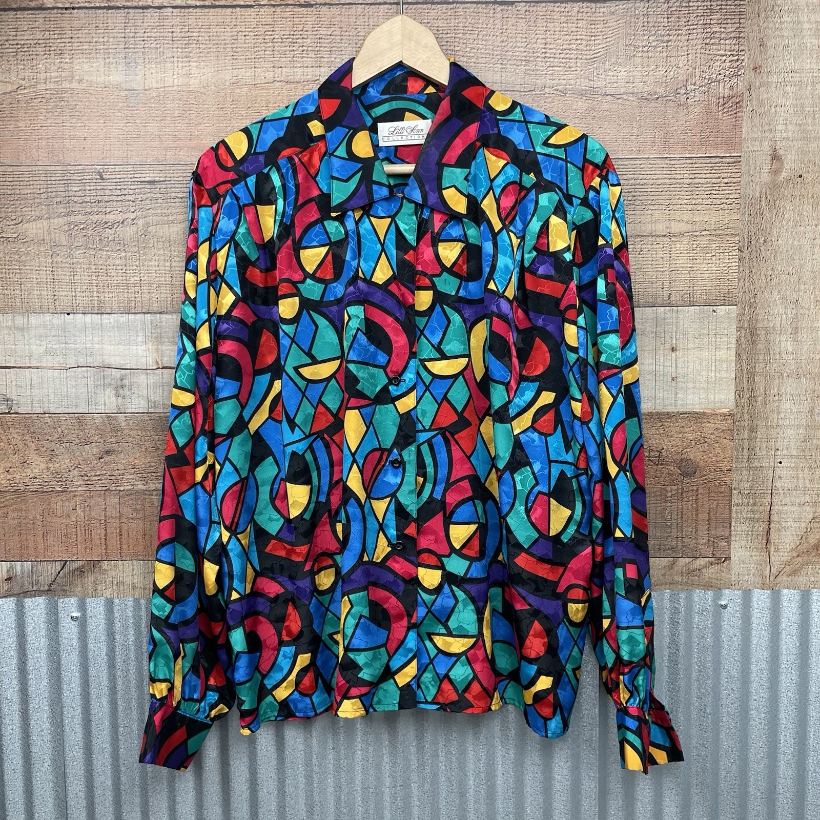 Lilli Ann Shirt 14 with Scarf Geometric Stained Glass Blouse Abstract Union Made