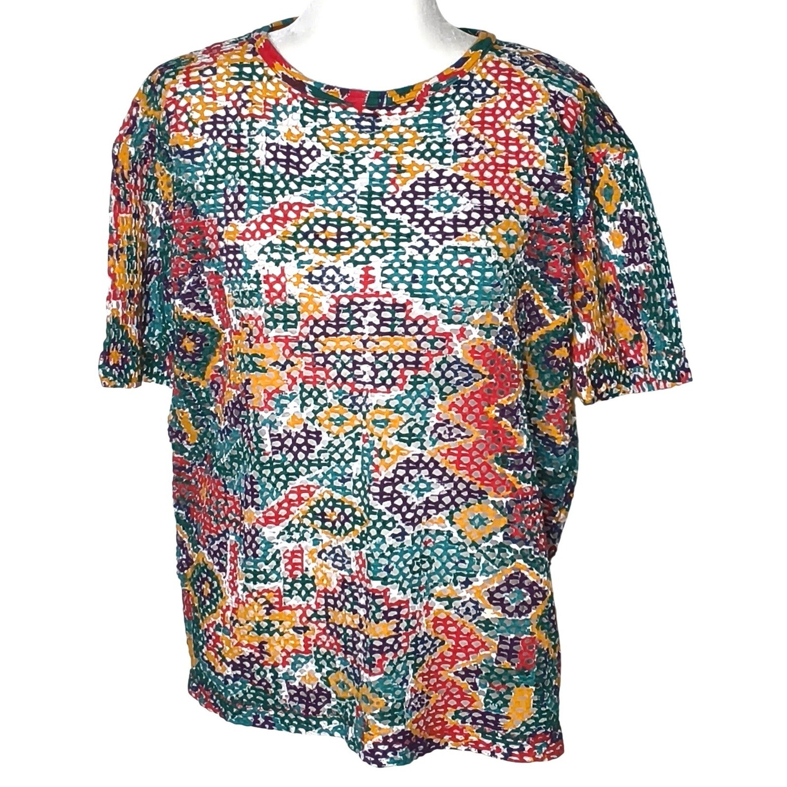 Sostanza Mesh Knit Top Women Large Multicolor Vintage Geometric Short Sleeve Tee
