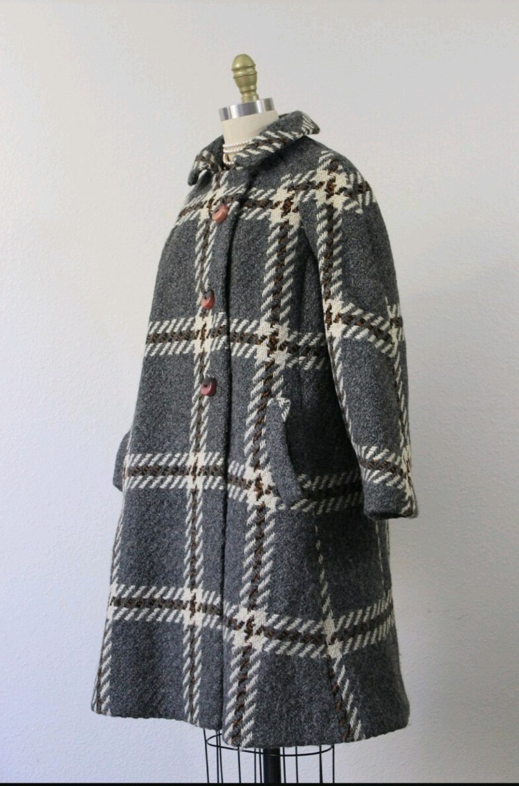 1950s VTG FAIRBROOKE Gray + Multi Color Plaid Wool Trapeze Button Down Car Coat